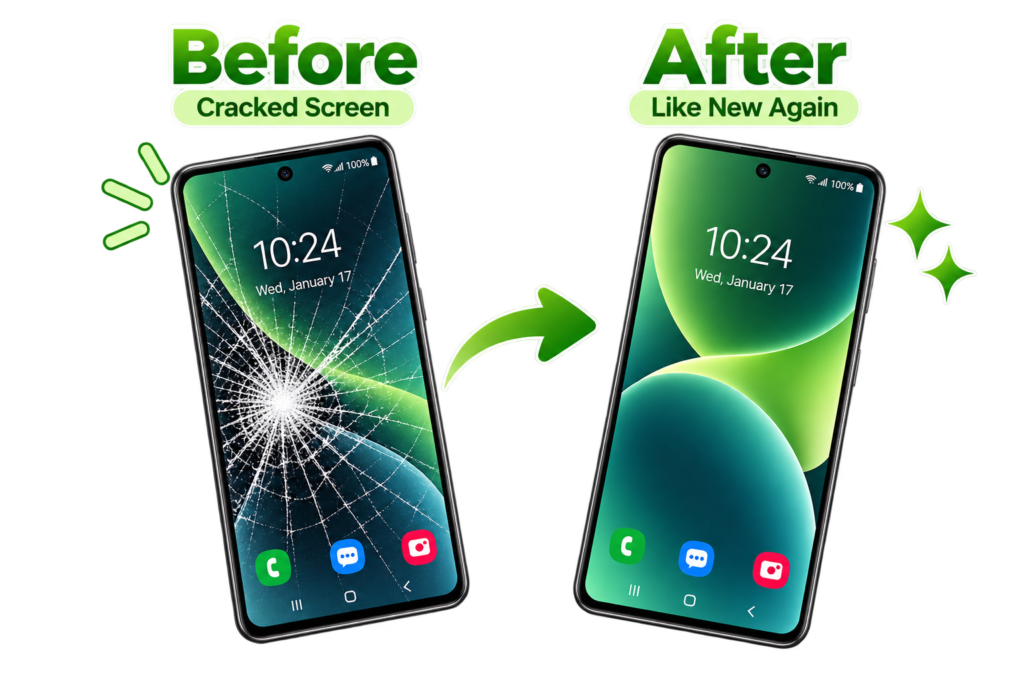Cracked Android phone screen before and after repair