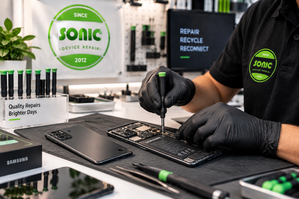 Technician repairing an Android phone at Sonic Device Repair