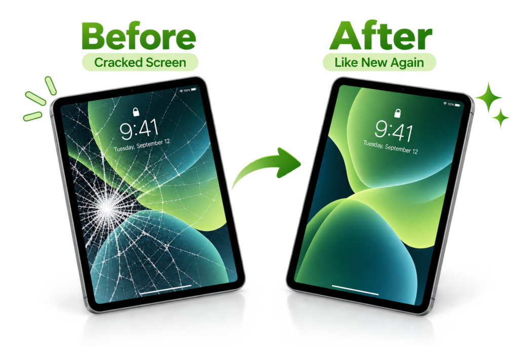 Cracked iPad screen before and after repair