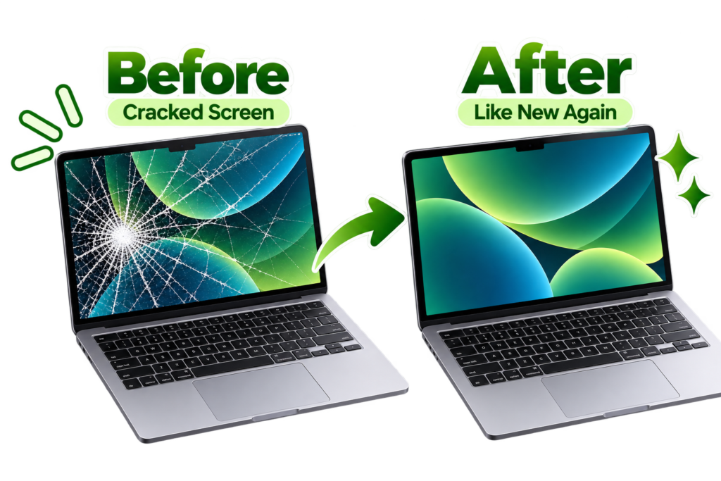 Cracked laptop screen before and after repair