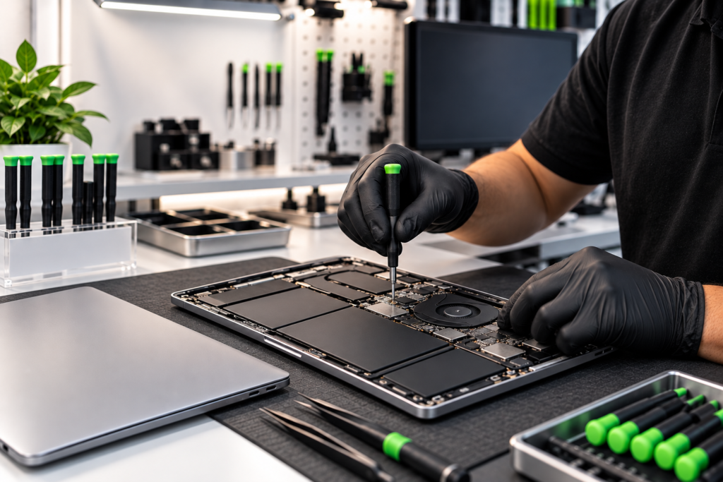 Technician repairing a laptop at Sonic Device Repair